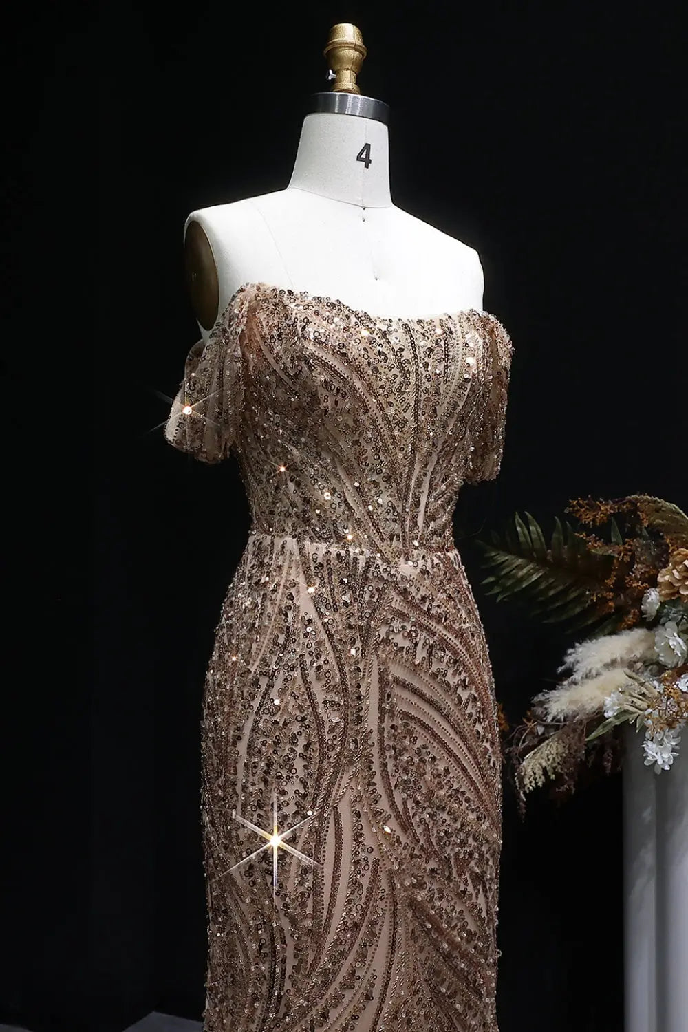 Gold Sequin Off-the-Shoulder Sheath Prom Dress with All-Over Beaded SH134 Sheer Fairy