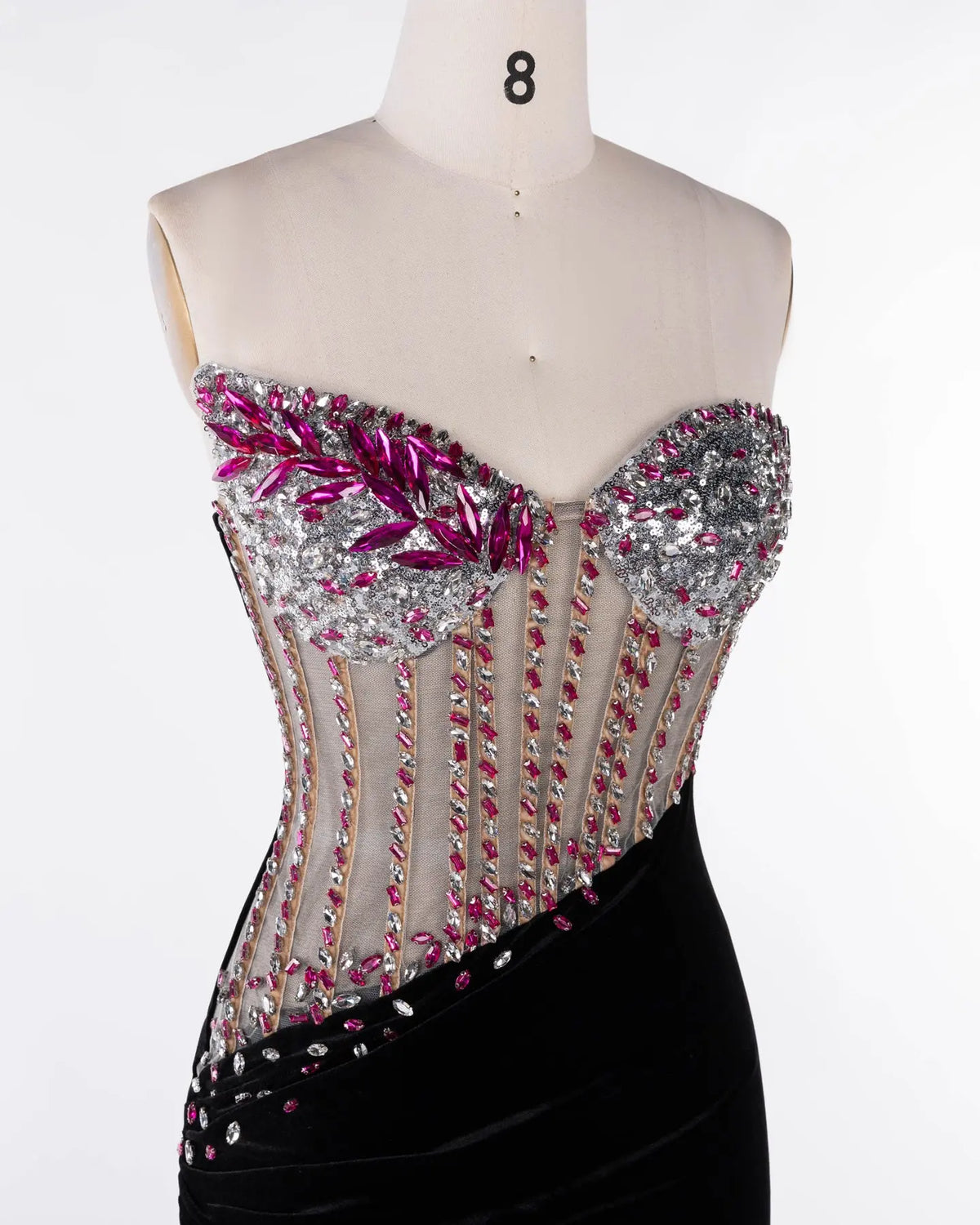 Black Strapless Beaded Velvet Evening Gown Sheer Fairy