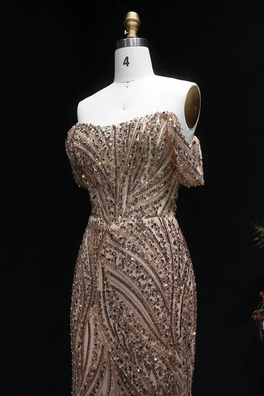 Gold Sequin Off-the-Shoulder Sheath Prom Dress with All-Over Beaded SH134 Sheer Fairy
