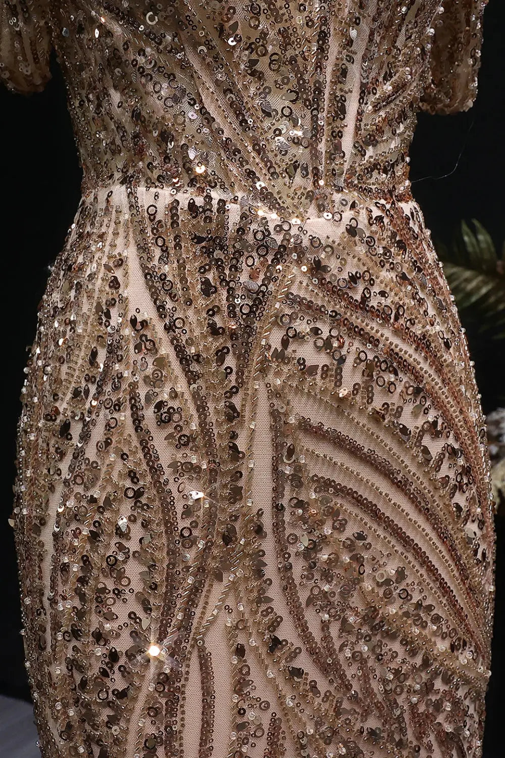 Gold Sequin Off-the-Shoulder Sheath Prom Dress with All-Over Beaded SH134 Sheer Fairy