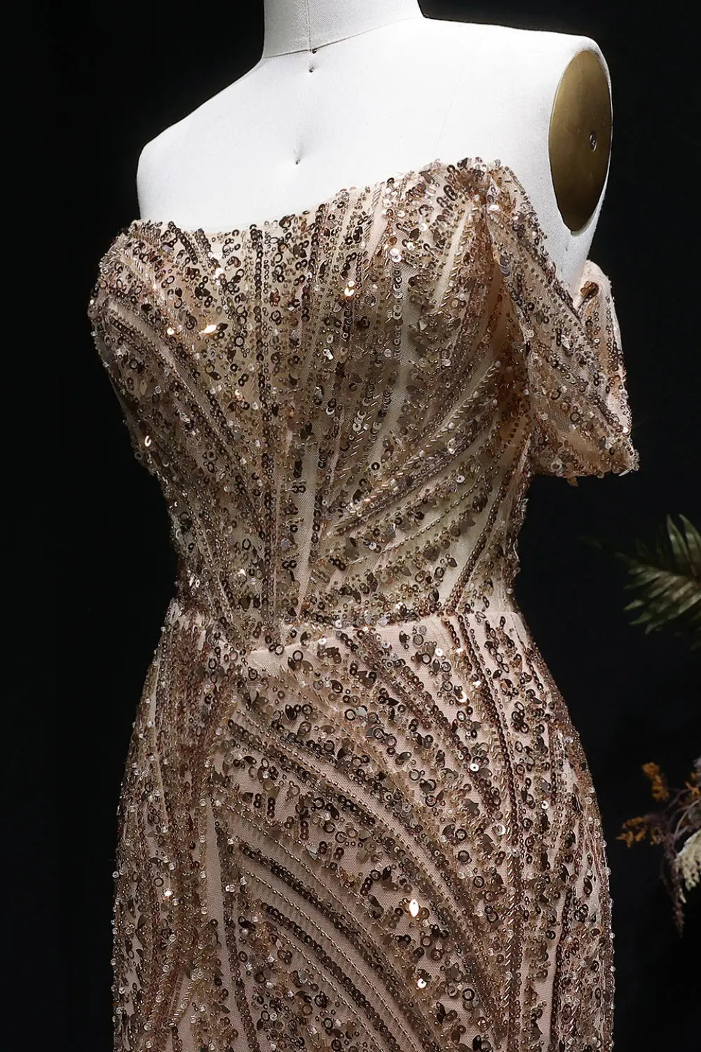 Gold Sequin Off-the-Shoulder Sheath Prom Dress with All-Over Beaded SH134 Sheer Fairy