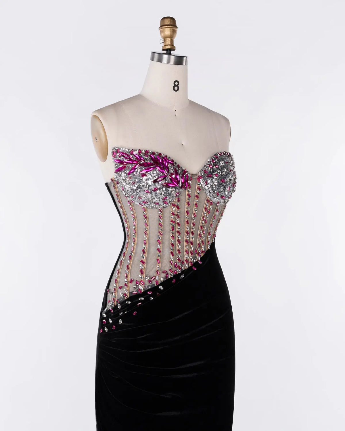 Black Strapless Beaded Velvet Evening Gown Sheer Fairy