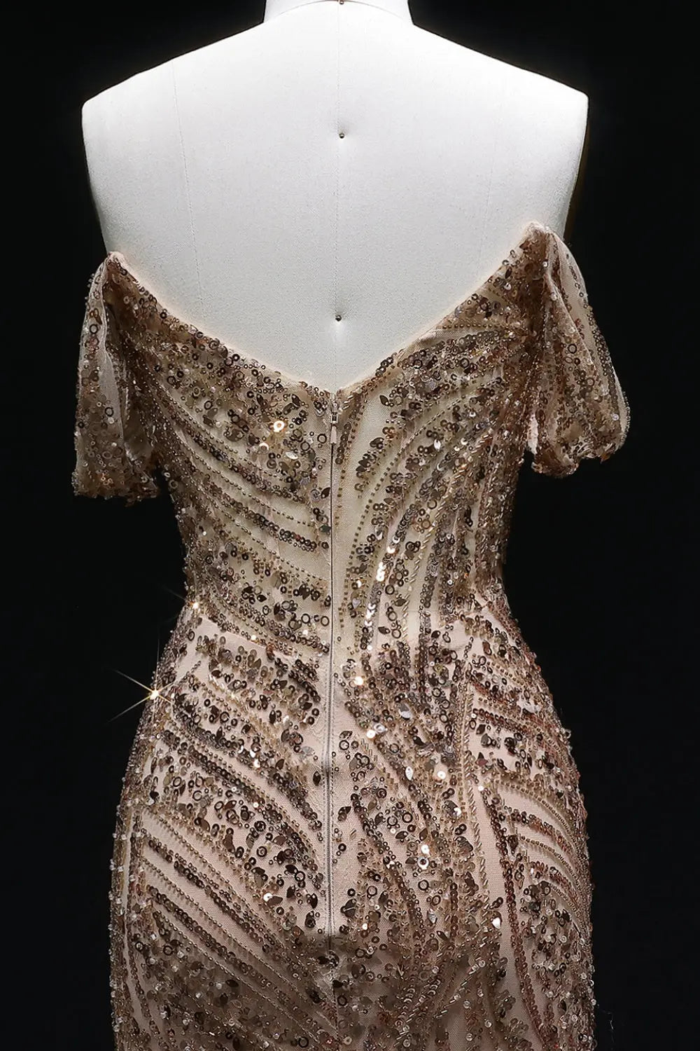 Gold Sequin Off-the-Shoulder Sheath Prom Dress with All-Over Beaded SH134 Sheer Fairy