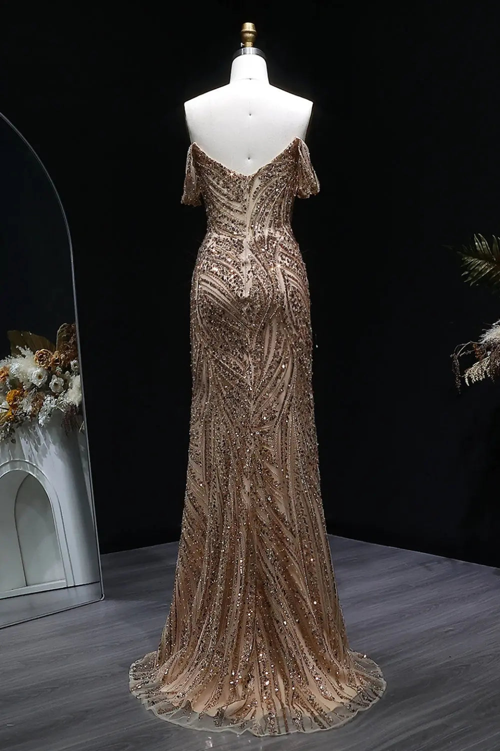 Gold Sequin Off-the-Shoulder Sheath Prom Dress with All-Over Beaded SH134 Sheer Fairy