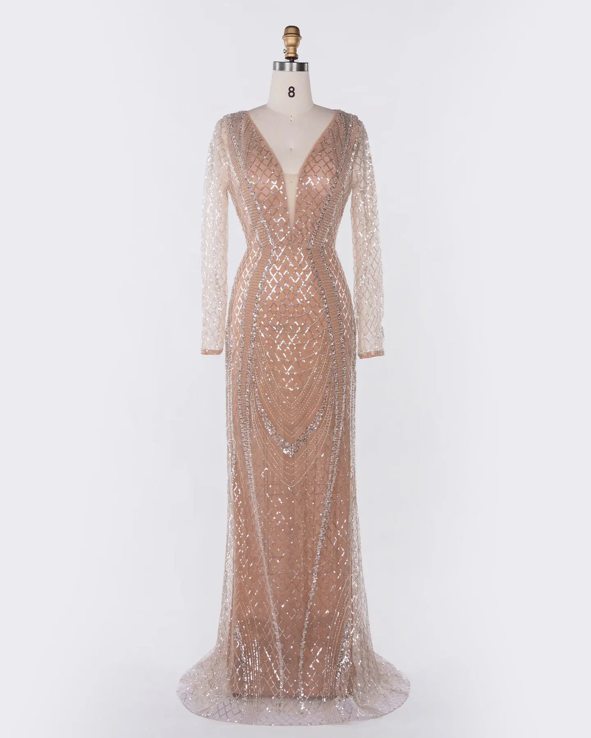 Champagne Tulle Long Sleeve Evening Gown Sheer Fairy