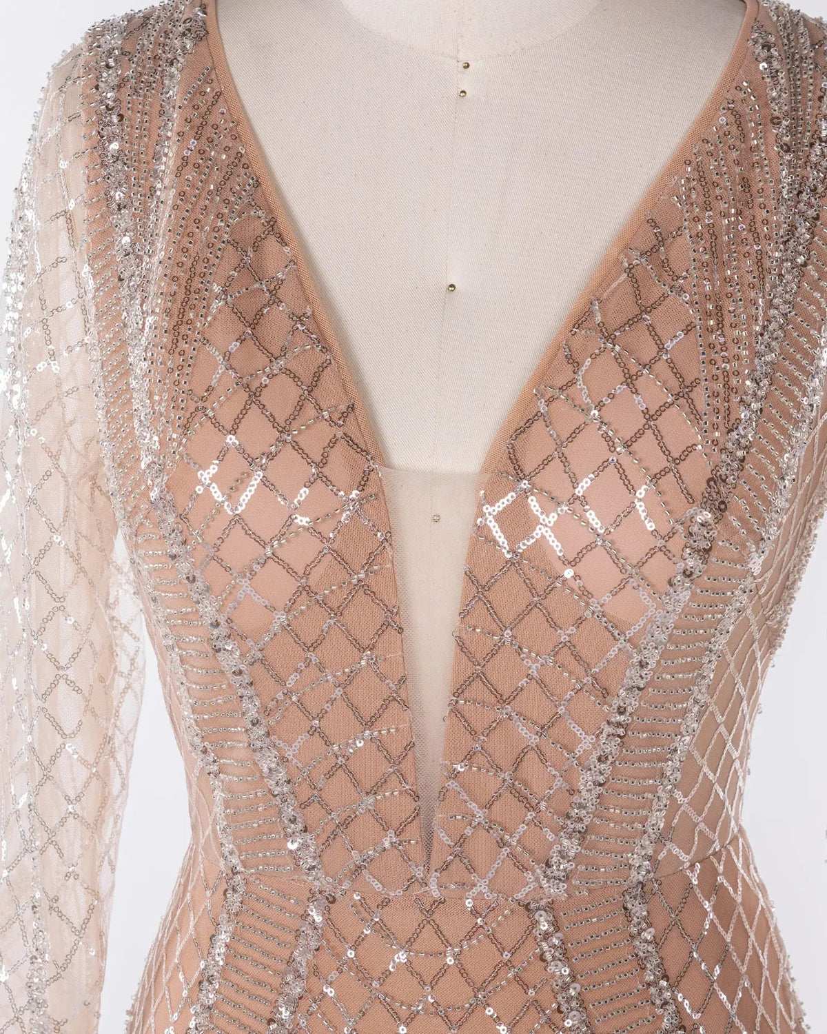 Champagne Tulle Long Sleeve Evening Gown Sheer Fairy