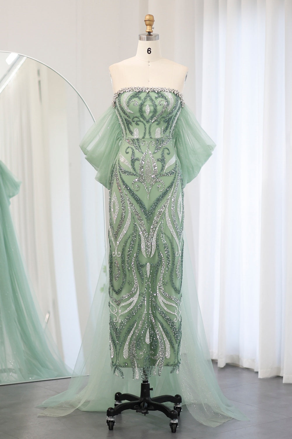 Luxury Strapless Sage Green Evening Dresses with Cape Train SS345 Sheer Fairy