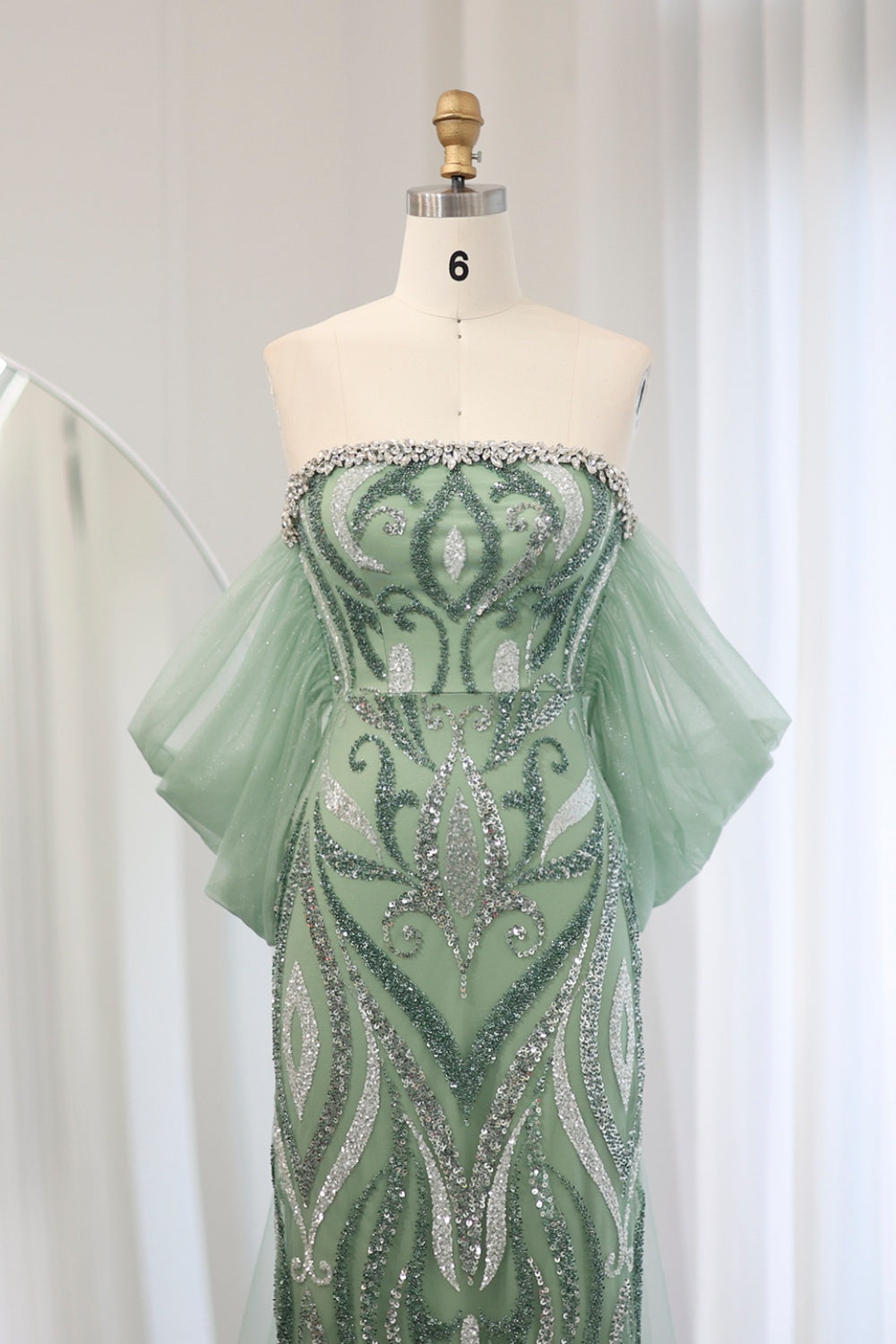 Luxury Strapless Sage Green Evening Dresses with Cape Train SS345 Sheer Fairy