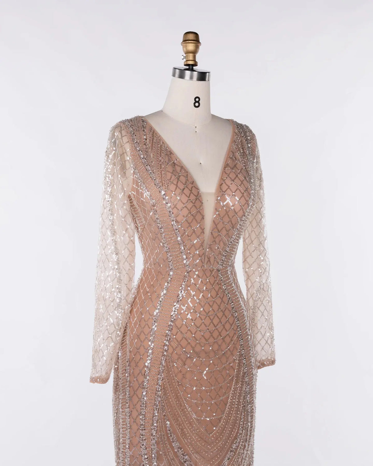 Champagne Tulle Long Sleeve Evening Gown Sheer Fairy