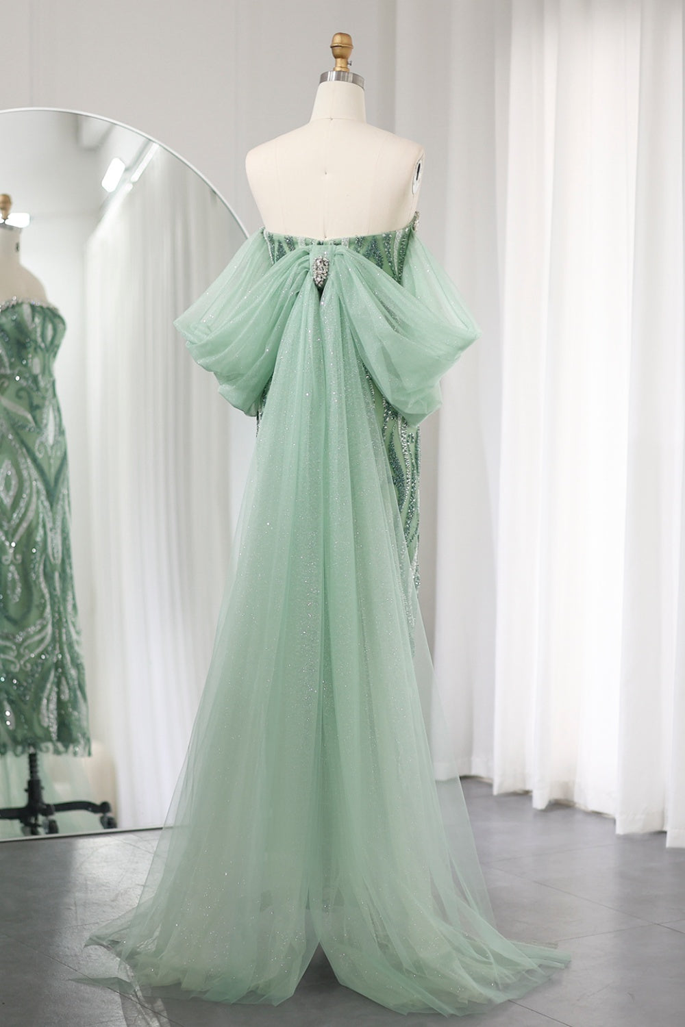 Luxury Strapless Sage Green Evening Dresses with Cape Train SS345 Sheer Fairy