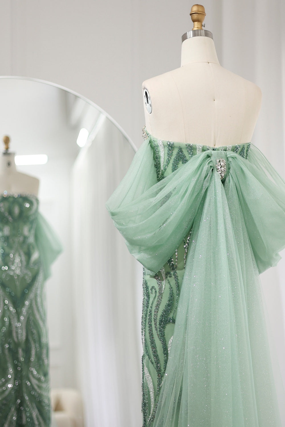 Luxury Strapless Sage Green Evening Dresses with Cape Train SS345 Sheer Fairy