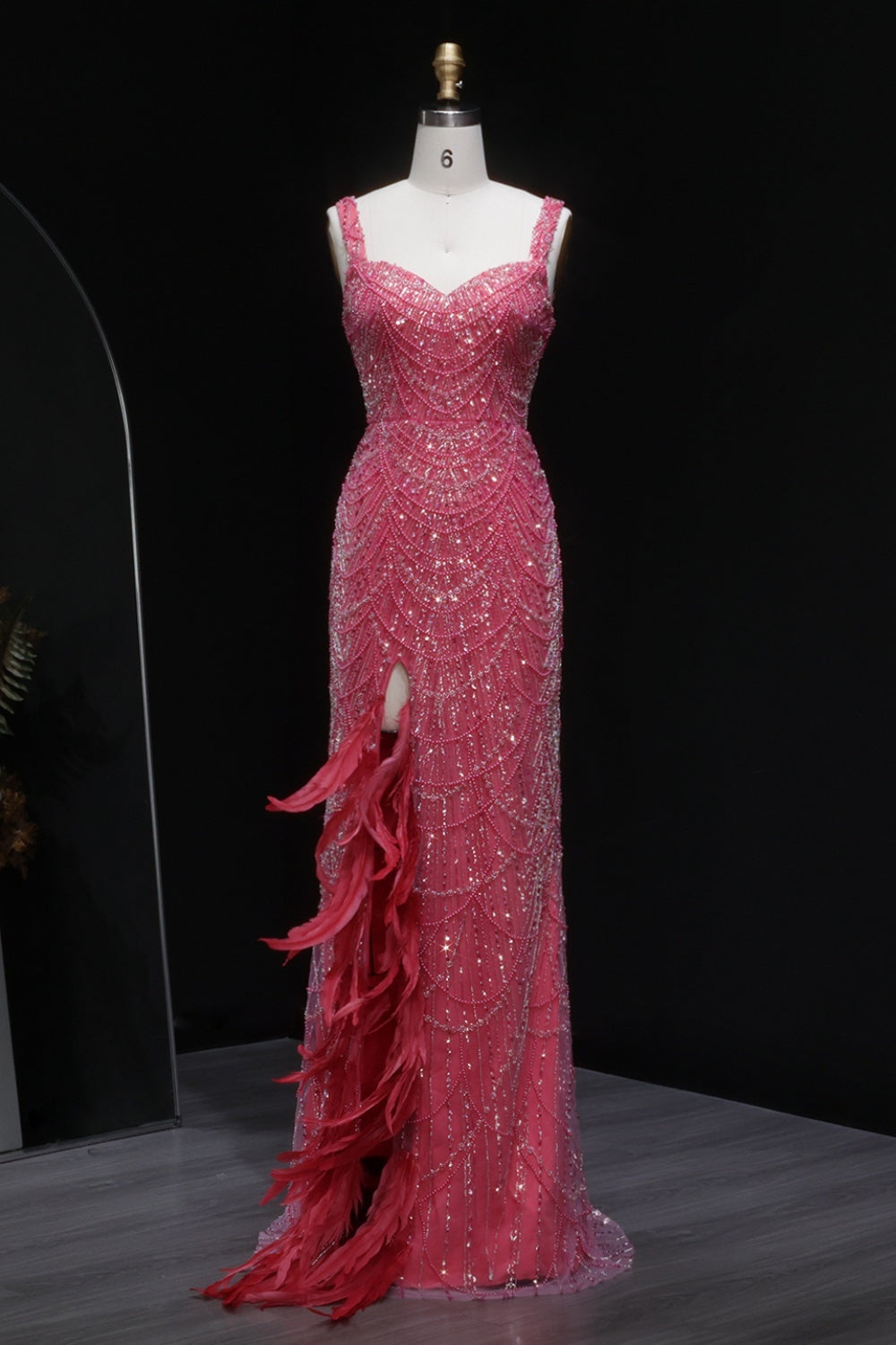 Luxury Hot Pink Feathers Mermaid Evening Dress with Slit SH579 Sheer Fairy