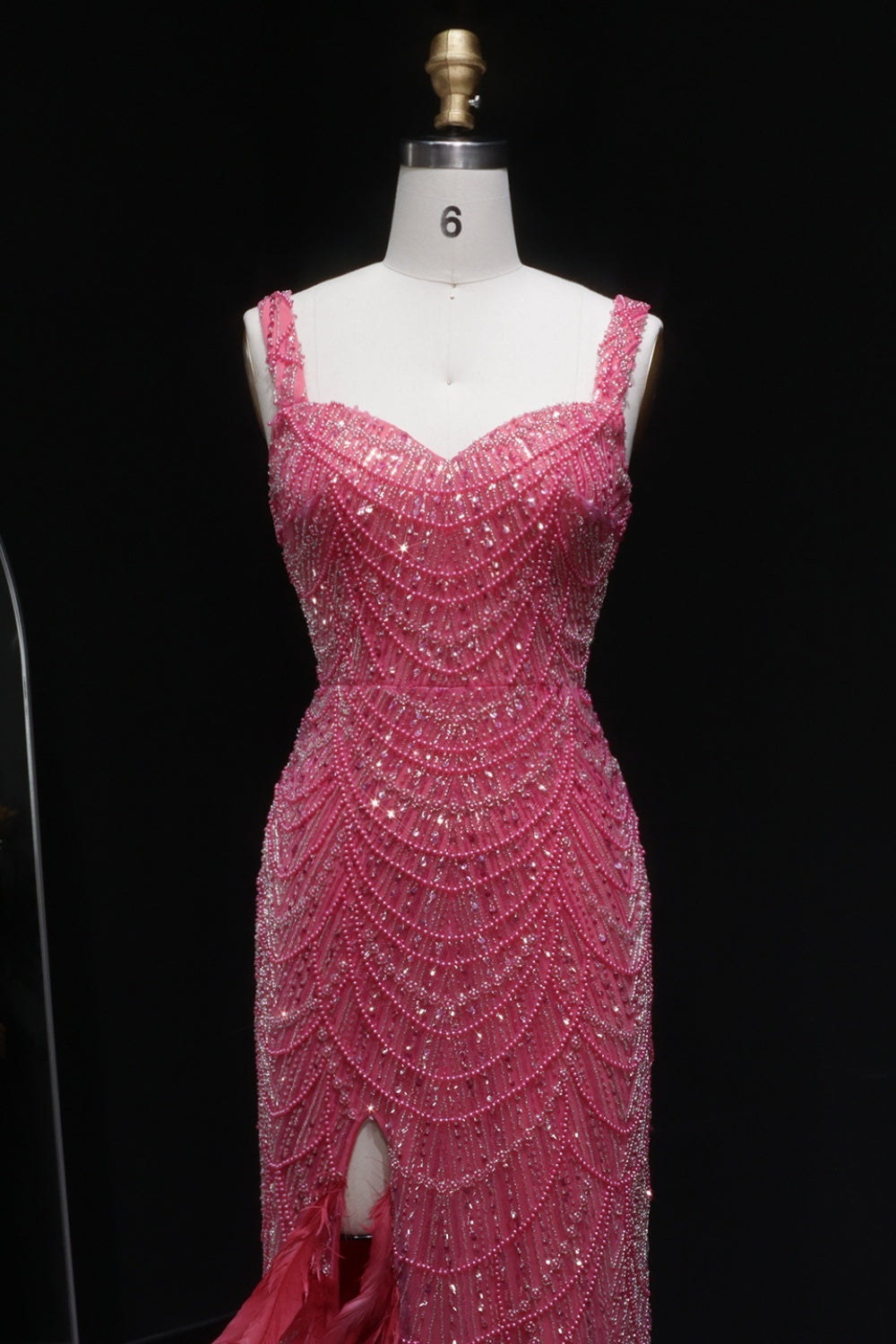 Luxury Hot Pink Feathers Mermaid Evening Dress with Slit SH579 Sheer Fairy