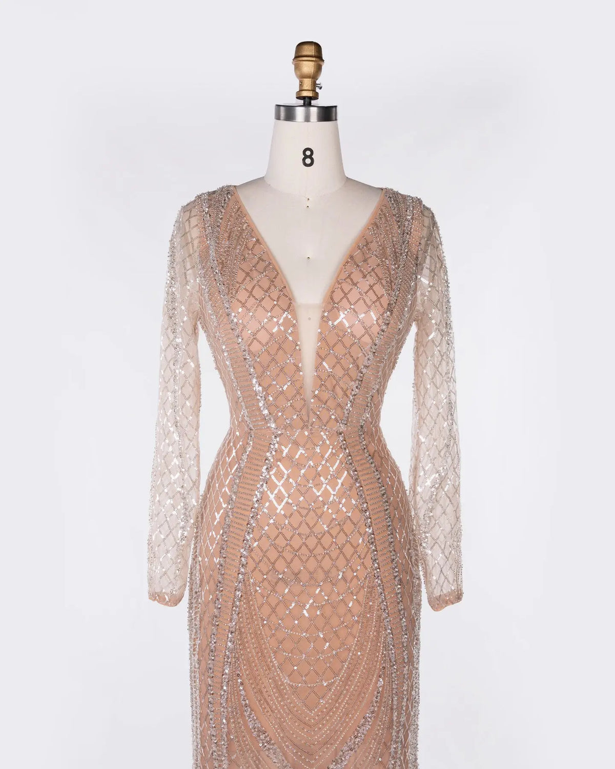 Champagne Tulle Long Sleeve Evening Gown Sheer Fairy
