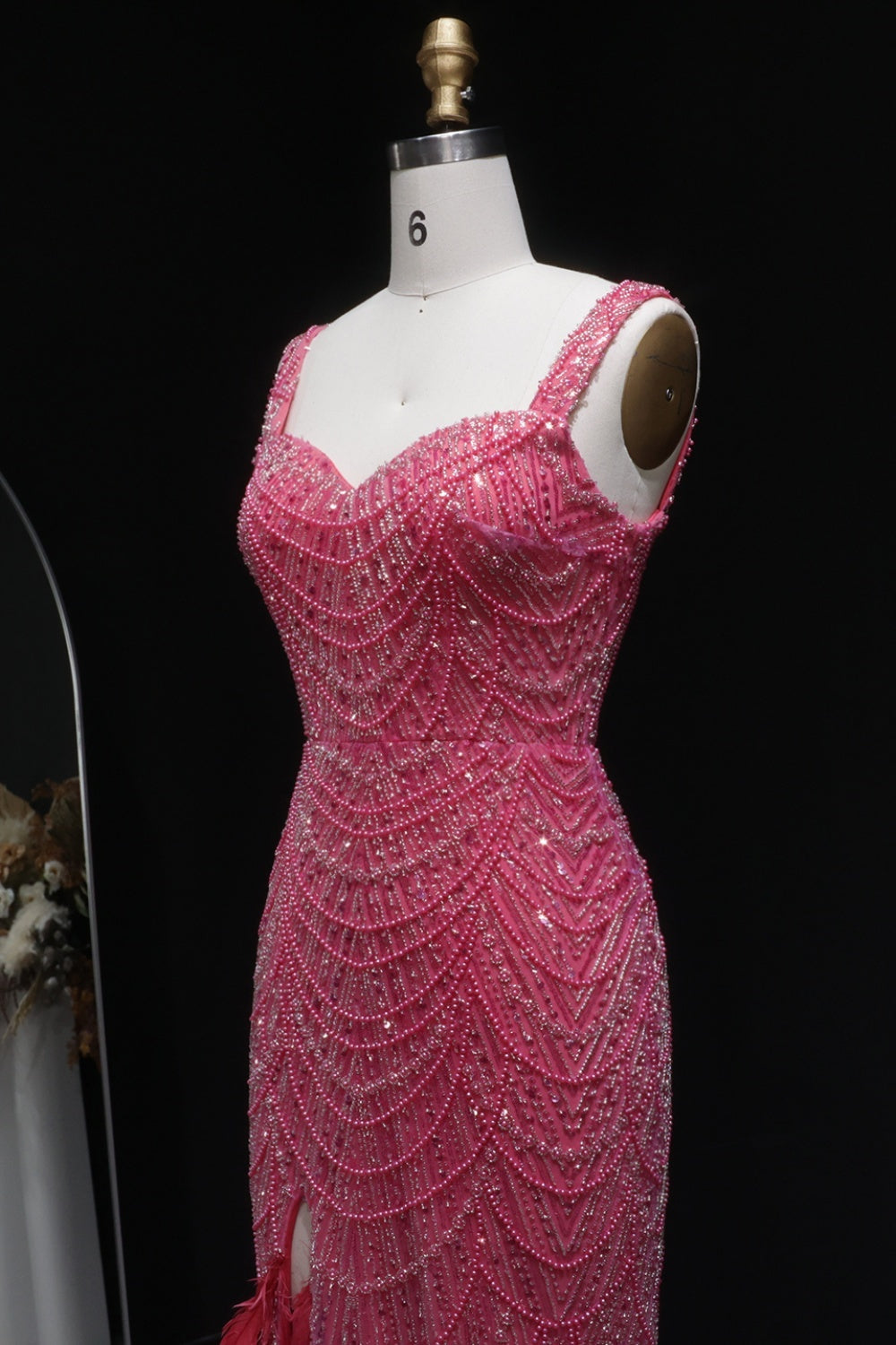 Luxury Hot Pink Feathers Mermaid Evening Dress with Slit SH579 Sheer Fairy