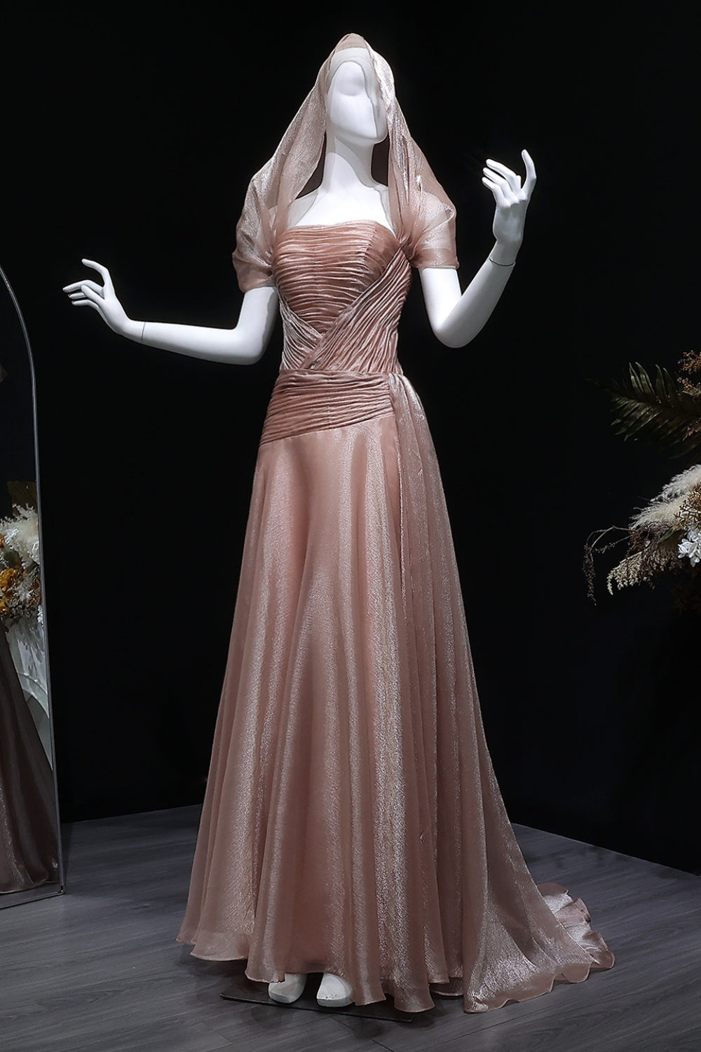 Champagne Tulle Ruched Square Neck Sheer Veil Evening Dress SF045