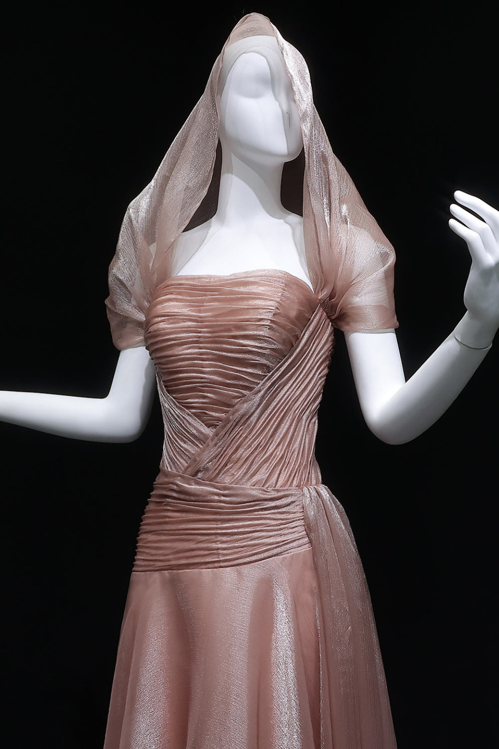 Champagne Tulle Ruched Square Neck Sheer Veil Evening Dress SF045