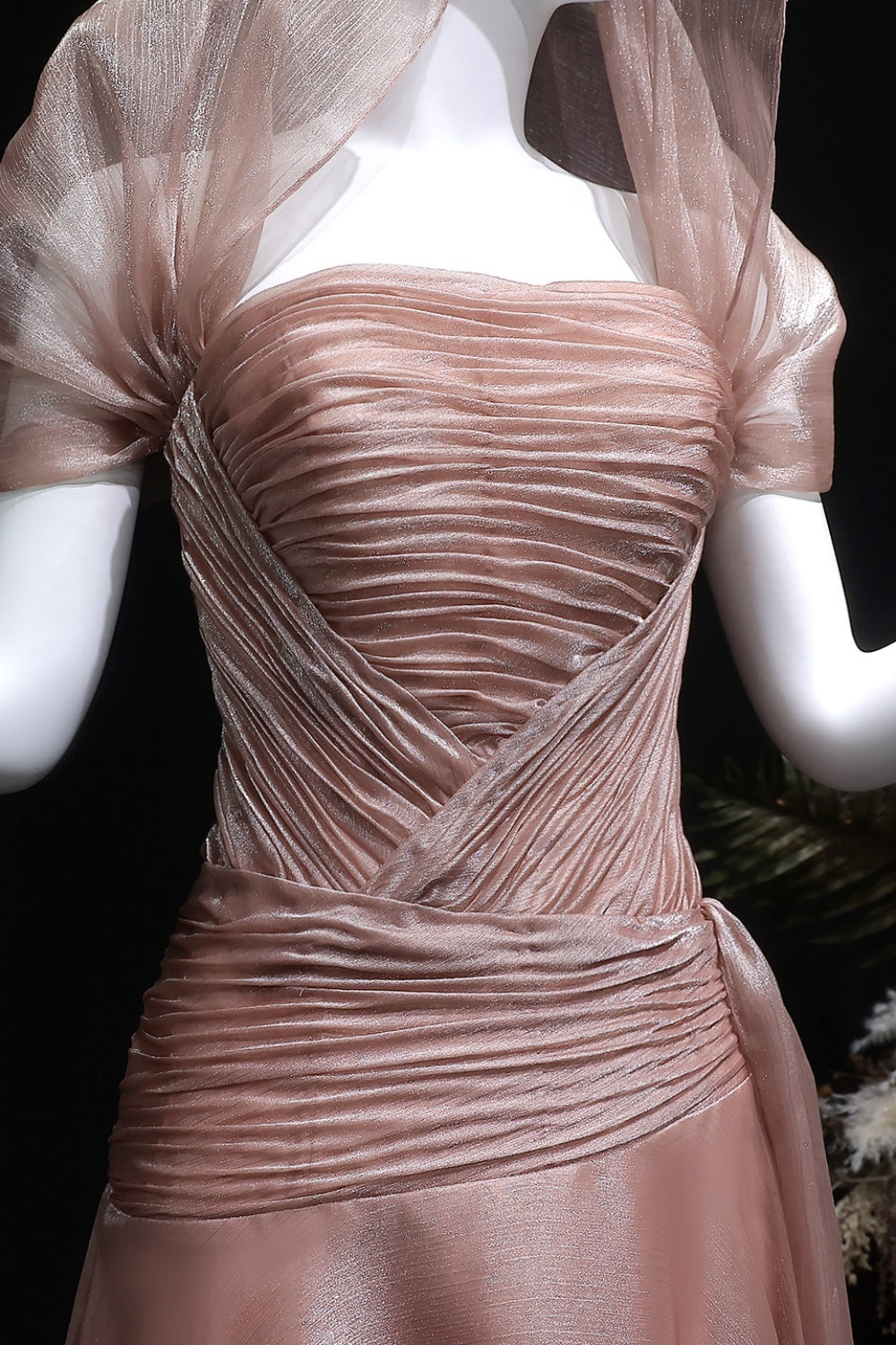 Champagne Tulle Ruched Square Neck Sheer Veil Evening Dress SF045 Sheer Fairy