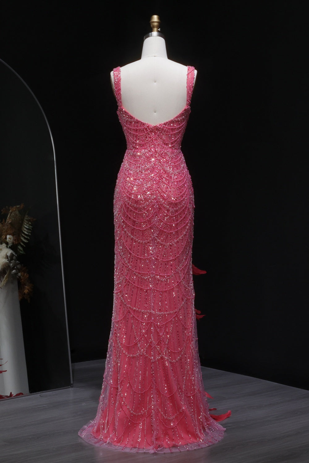 Luxury Hot Pink Feathers Mermaid Evening Dress with Slit SH579 Sheer Fairy