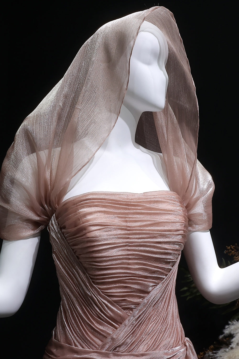 Champagne Tulle Ruched Square Neck Sheer Veil Evening Dress SF045 Sheer Fairy