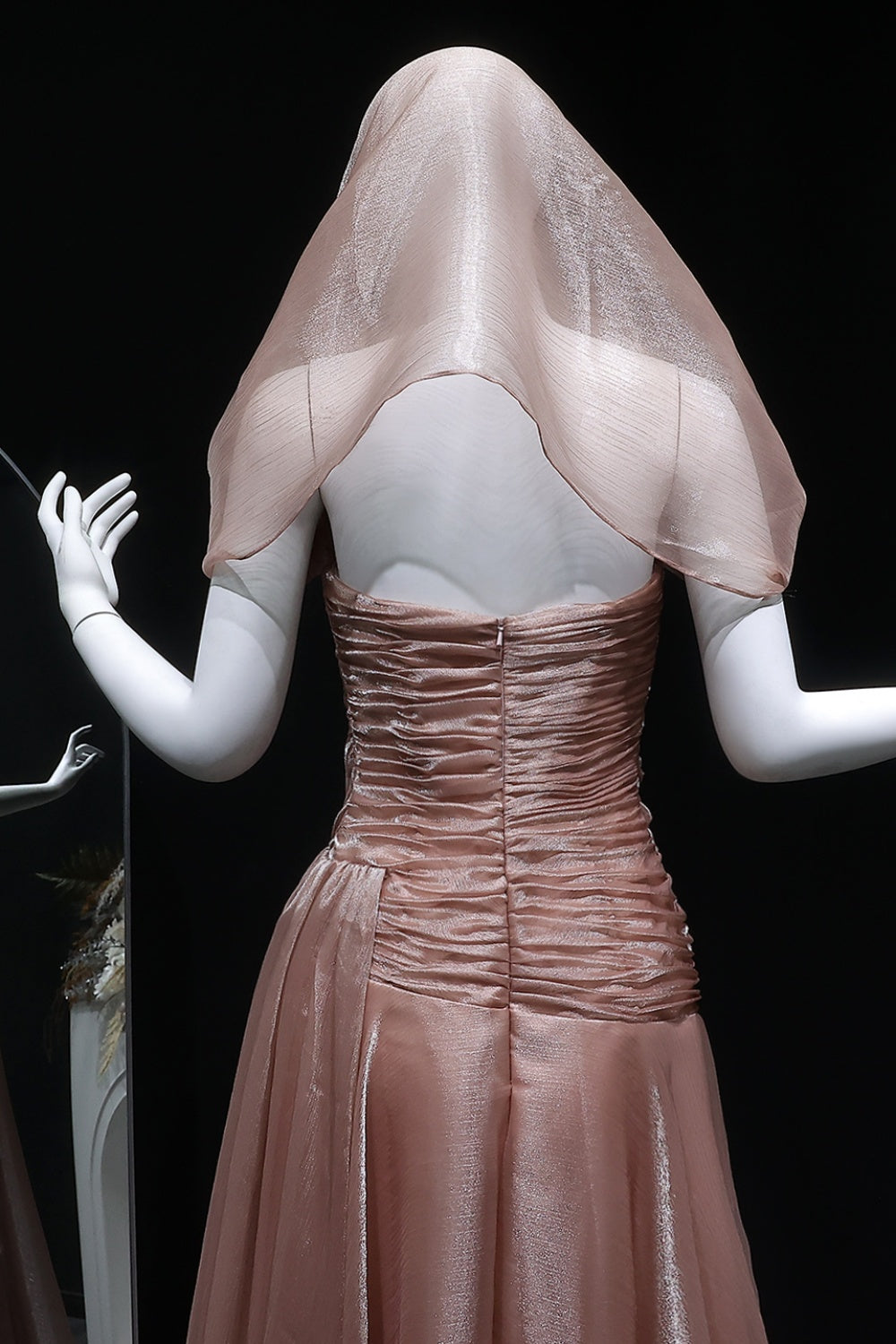 Champagne Tulle Ruched Square Neck Sheer Veil Evening Dress SF045