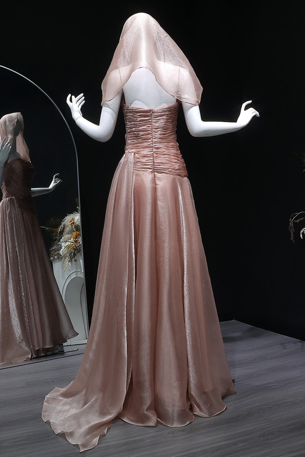 Champagne Tulle Ruched Square Neck Sheer Veil Evening Dress SF045