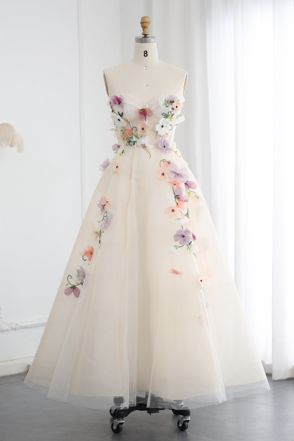 Elegant 3D Flowers Khaki A-line Strapless Evening Dress SS334 Sheer Fairy