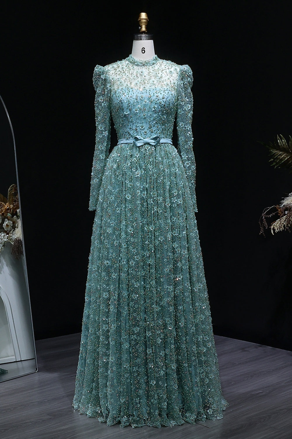 Pink Floral Lace High Neck A-Line Sleeves Evening Dress SS700