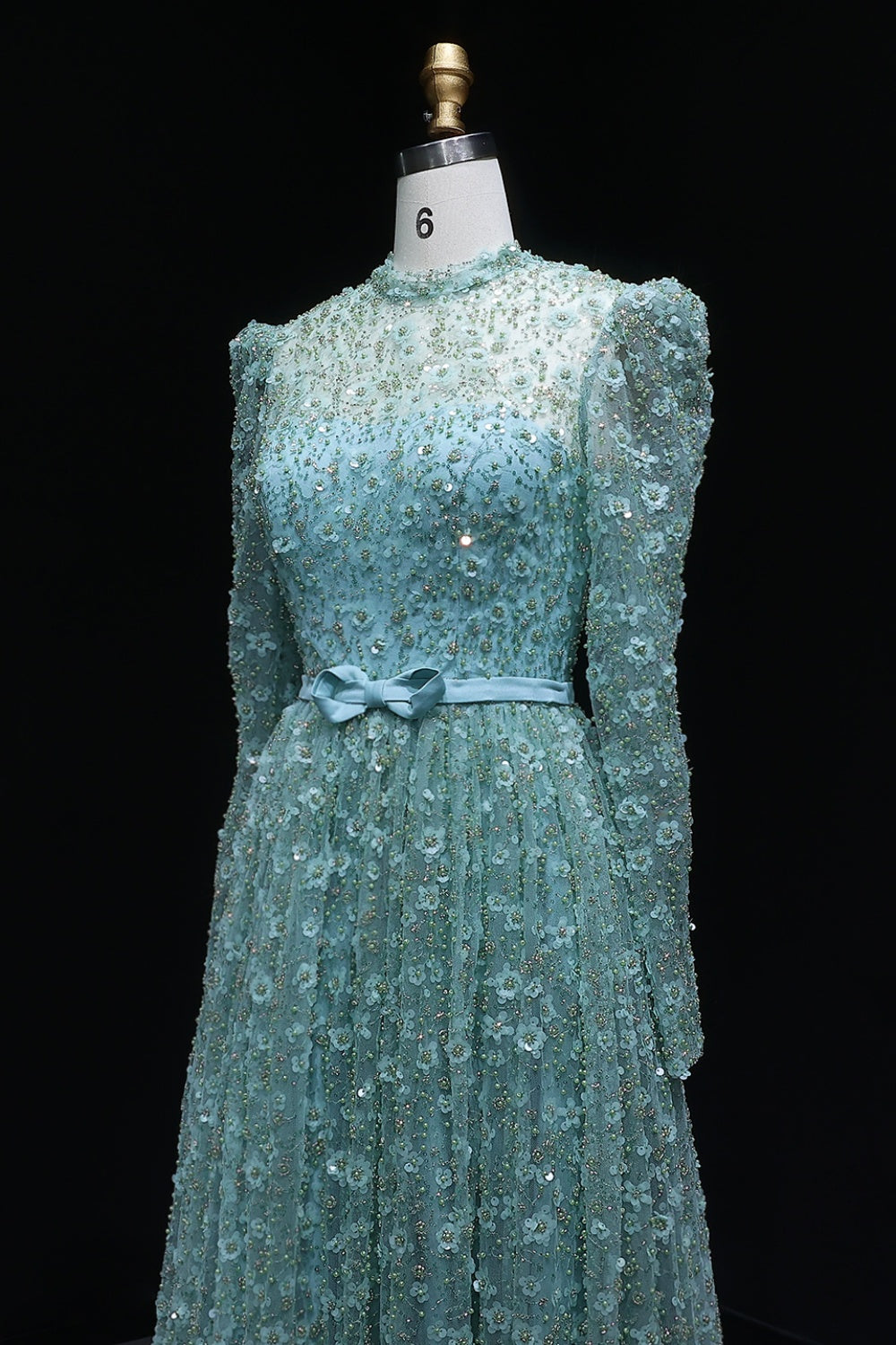 Pink Floral Lace High Neck A-Line Sleeves Evening Dress SS700