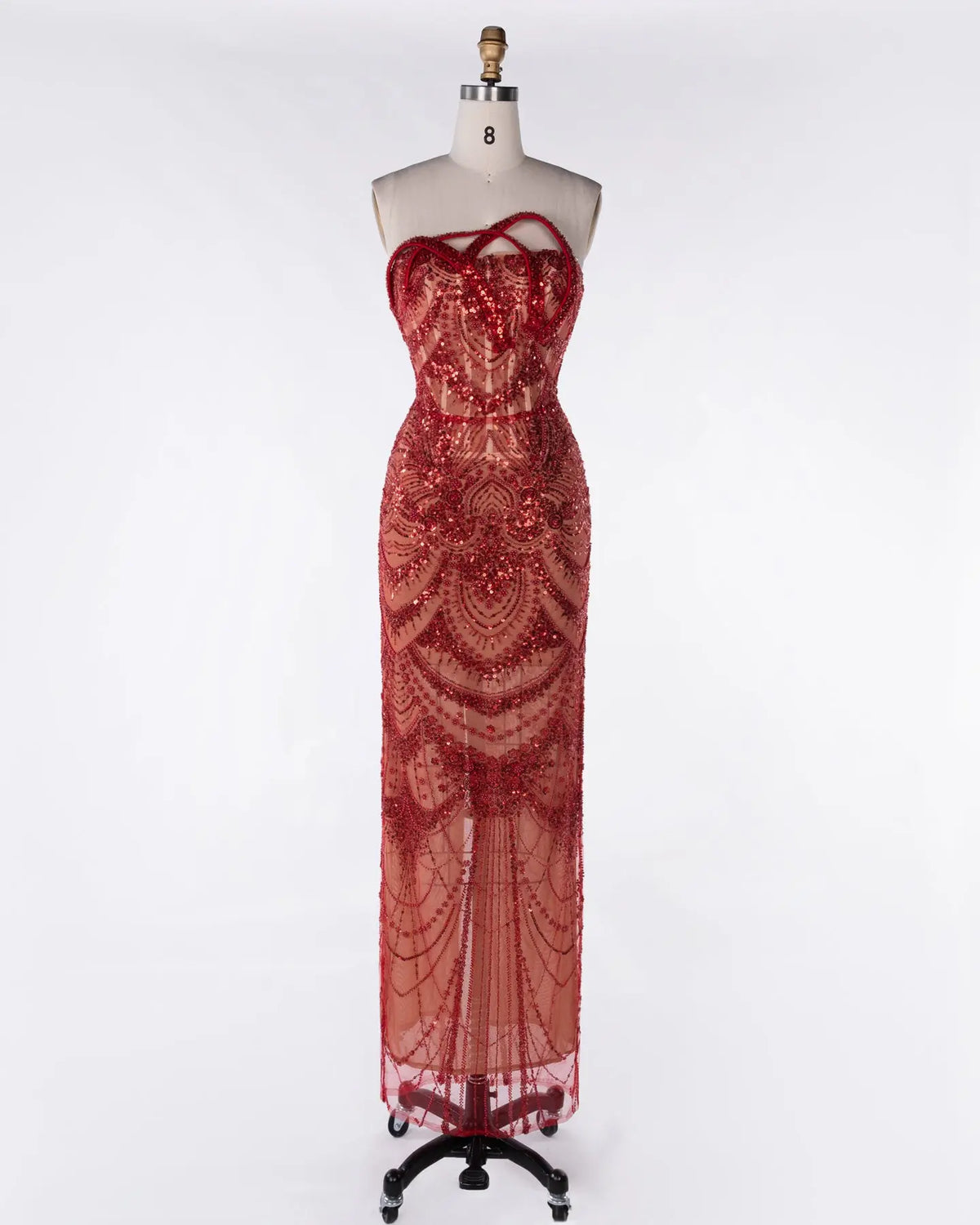 Red Tulle Beaded Strapless Evening Gown Sheer Fairy