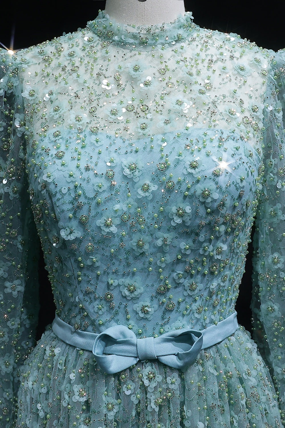 Pink Floral Lace High Neck A-Line Sleeves Evening Dress SS700