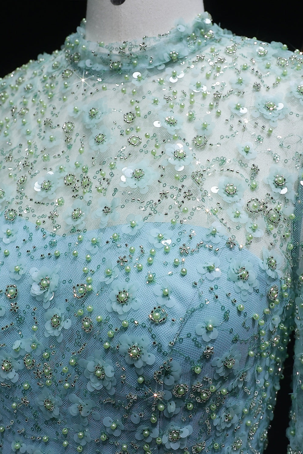 Pink Floral Lace High Neck A-Line Sleeves Evening Dress SS700