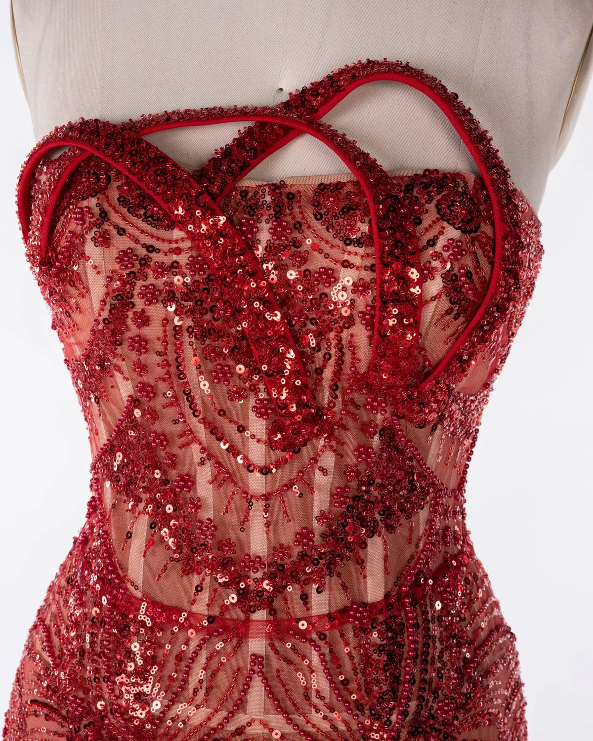 Red Tulle Beaded Strapless Evening Gown Sheer Fairy