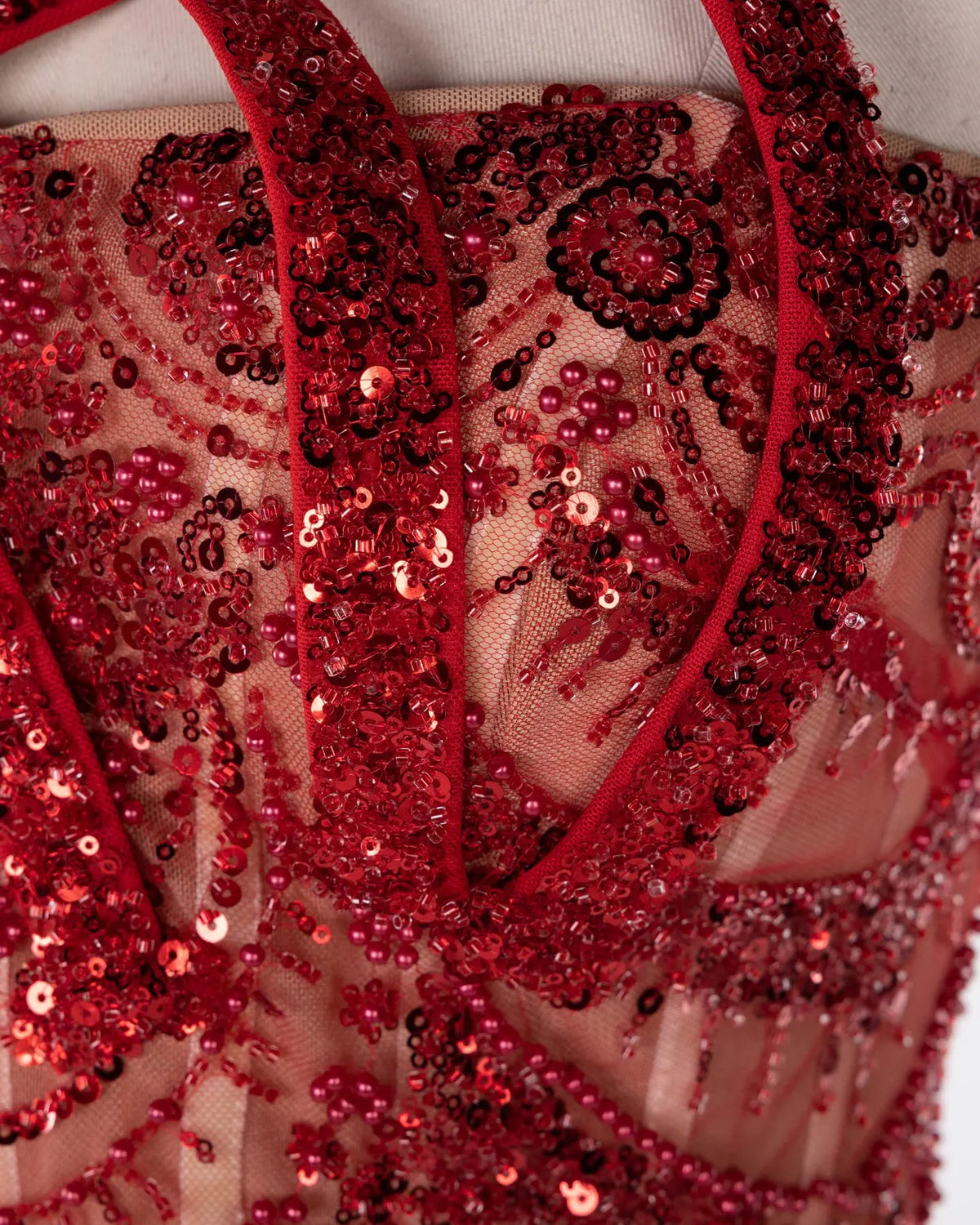 Red Tulle Beaded Strapless Evening Gown Sheer Fairy