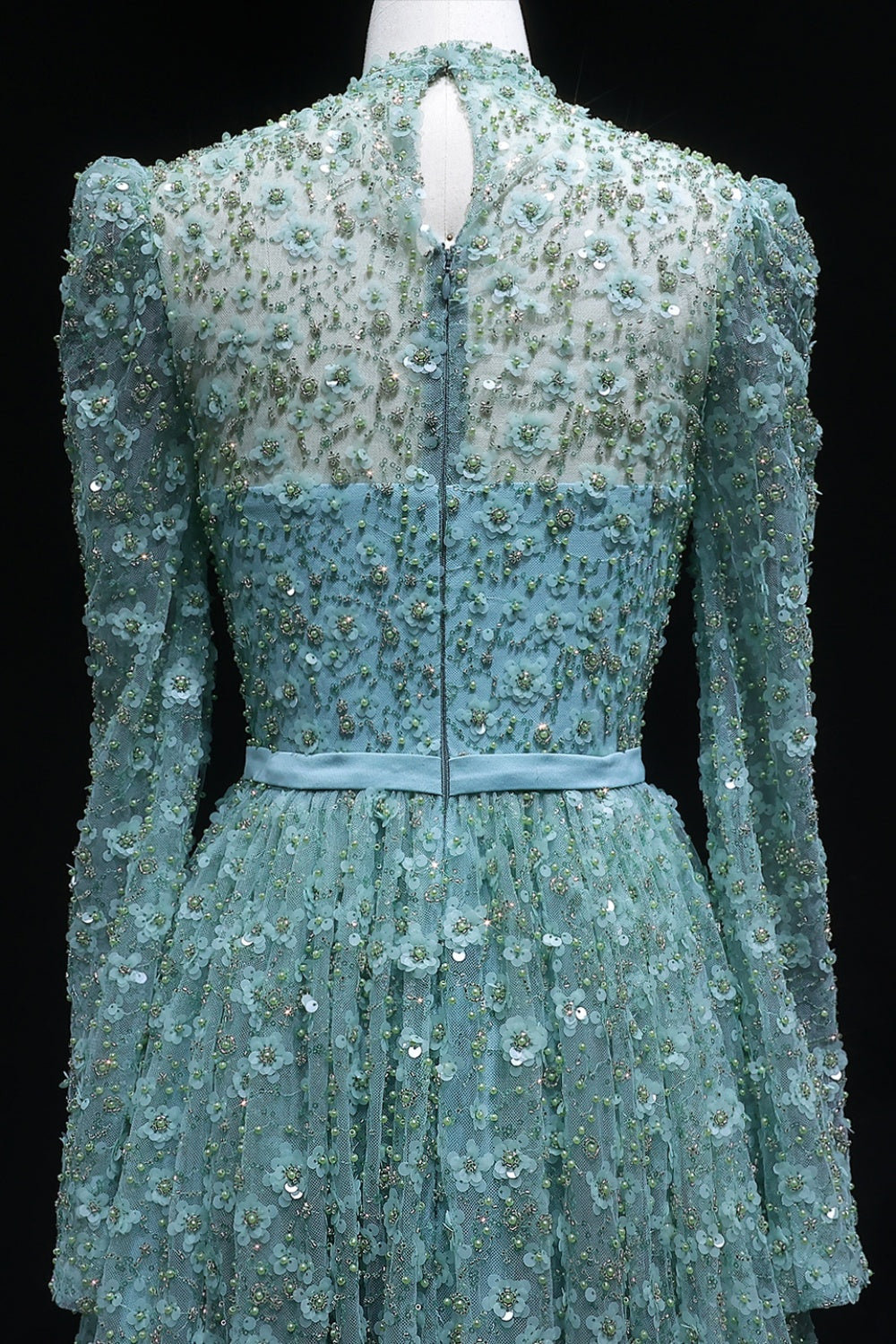 Pink Floral Lace High Neck A-Line Sleeves Evening Dress SS700