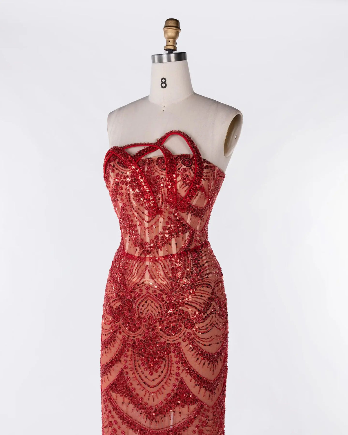 Red Tulle Beaded Strapless Evening Gown Sheer Fairy