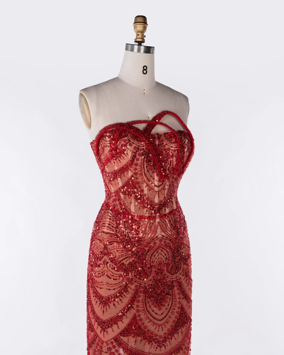 Red Tulle Beaded Strapless Evening Gown Sheer Fairy