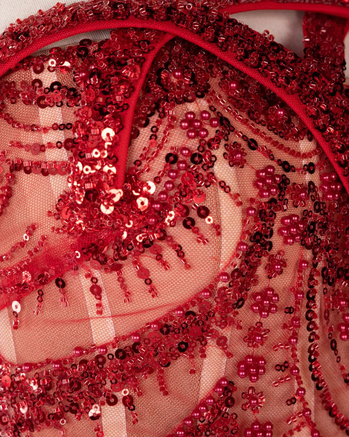 Red Tulle Beaded Strapless Evening Gown Sheer Fairy