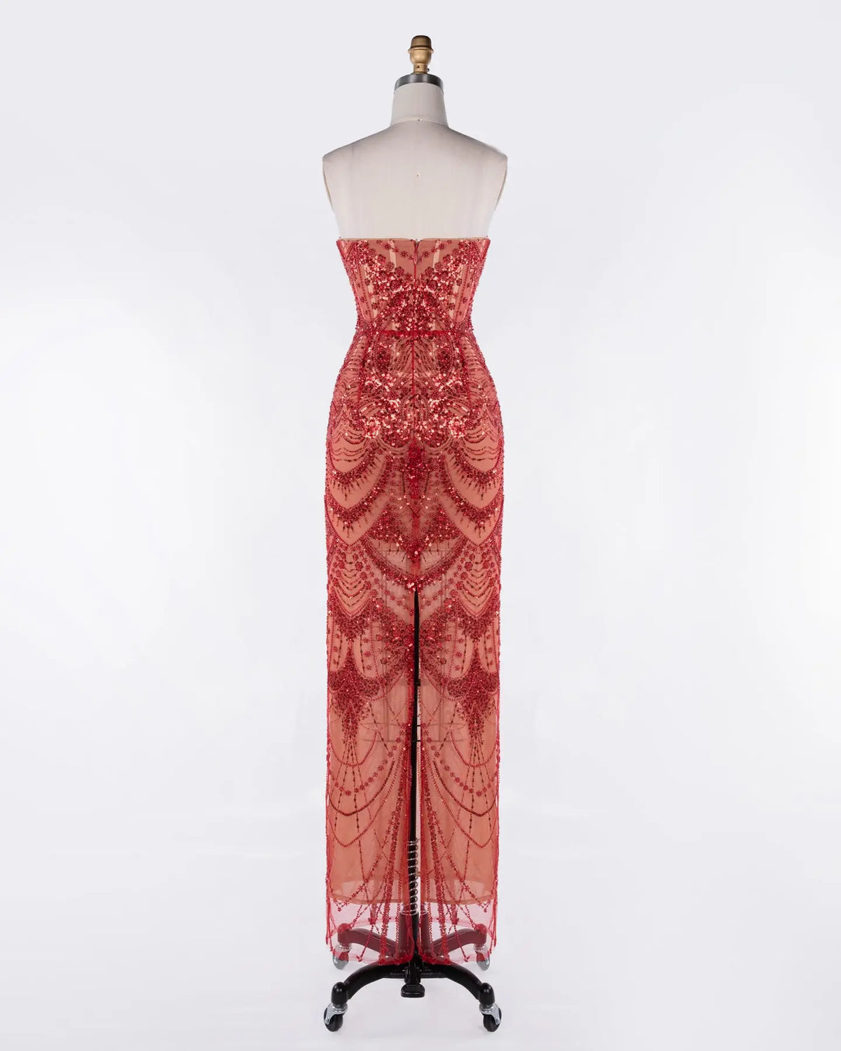 Red Tulle Beaded Strapless Evening Gown Sheer Fairy
