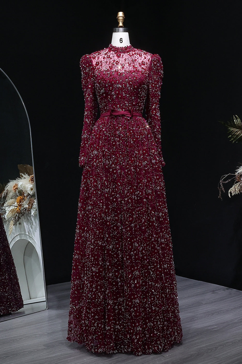 Pink Floral Lace High Neck A-Line Sleeves Evening Dress SS700