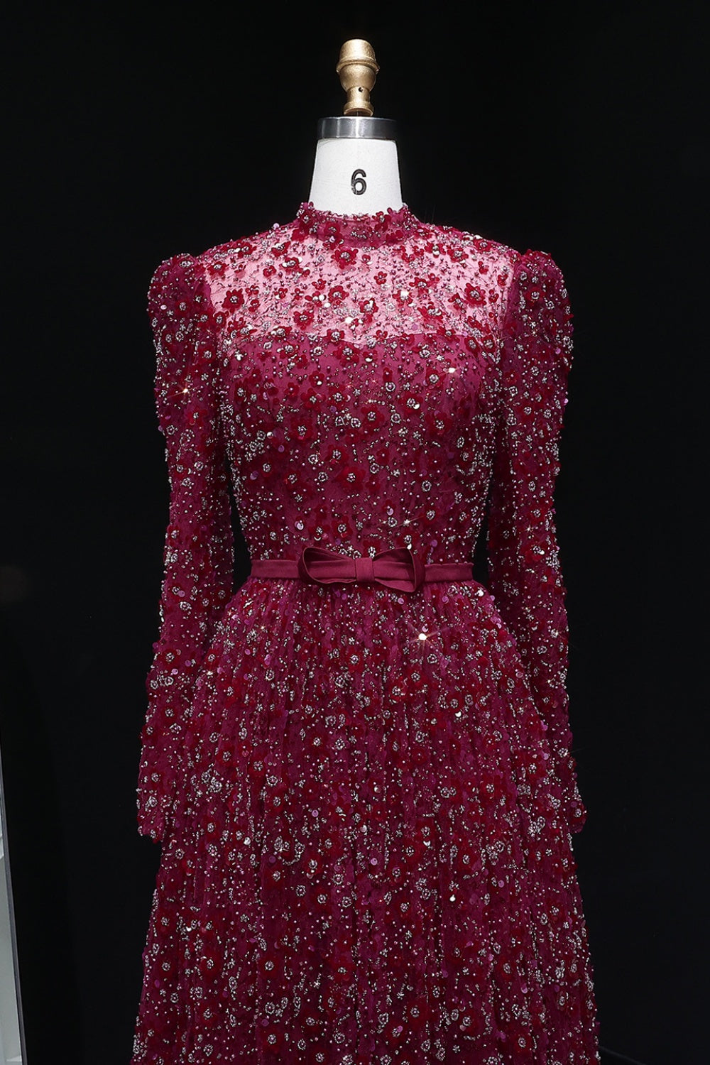 Pink Floral Lace High Neck A-Line Sleeves Evening Dress SS700