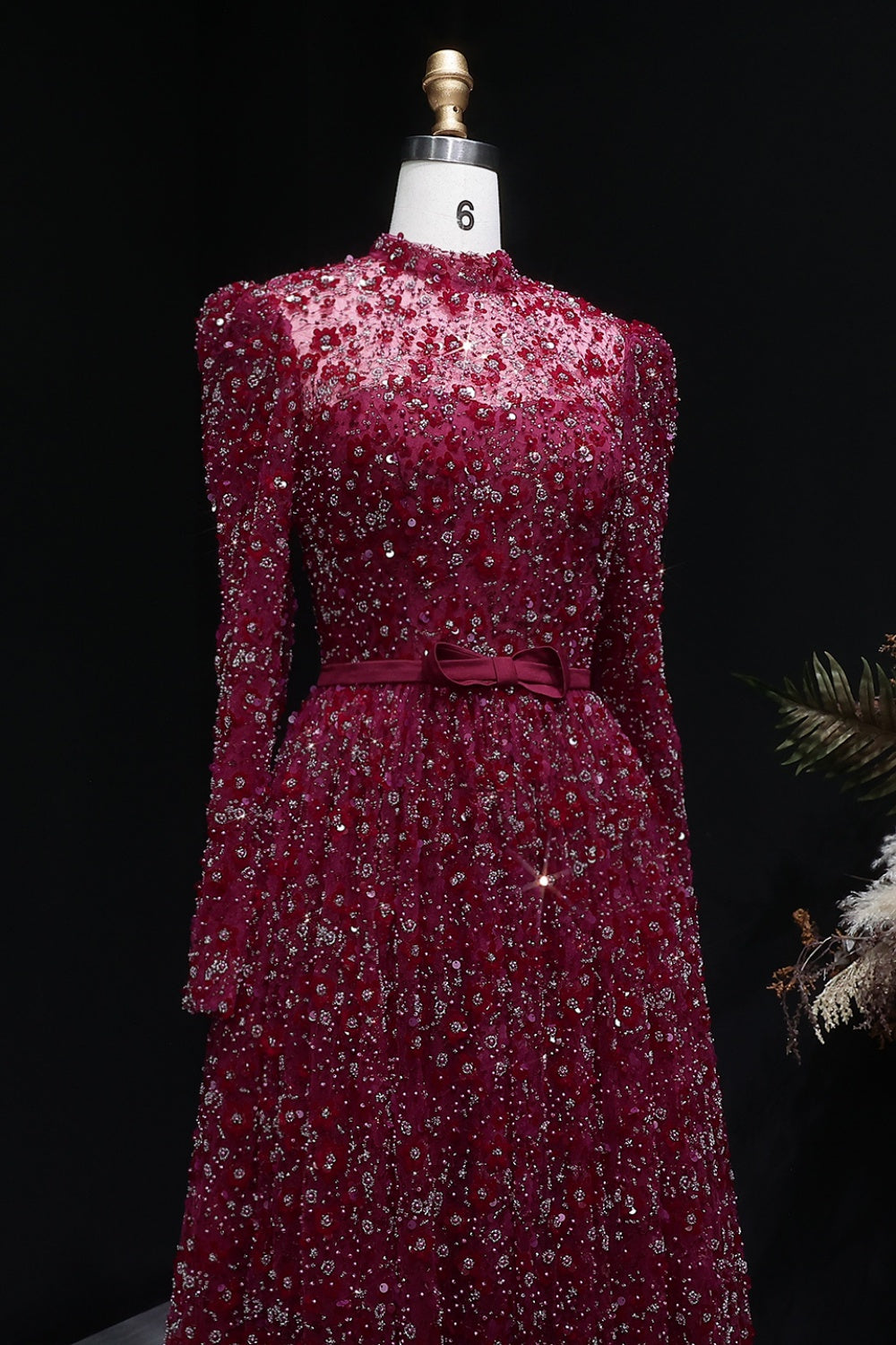 Pink Floral Lace High Neck A-Line Sleeves Evening Dress SS700