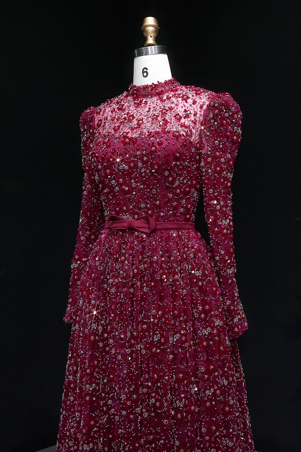 Pink Floral Lace High Neck A-Line Sleeves Evening Dress SS700