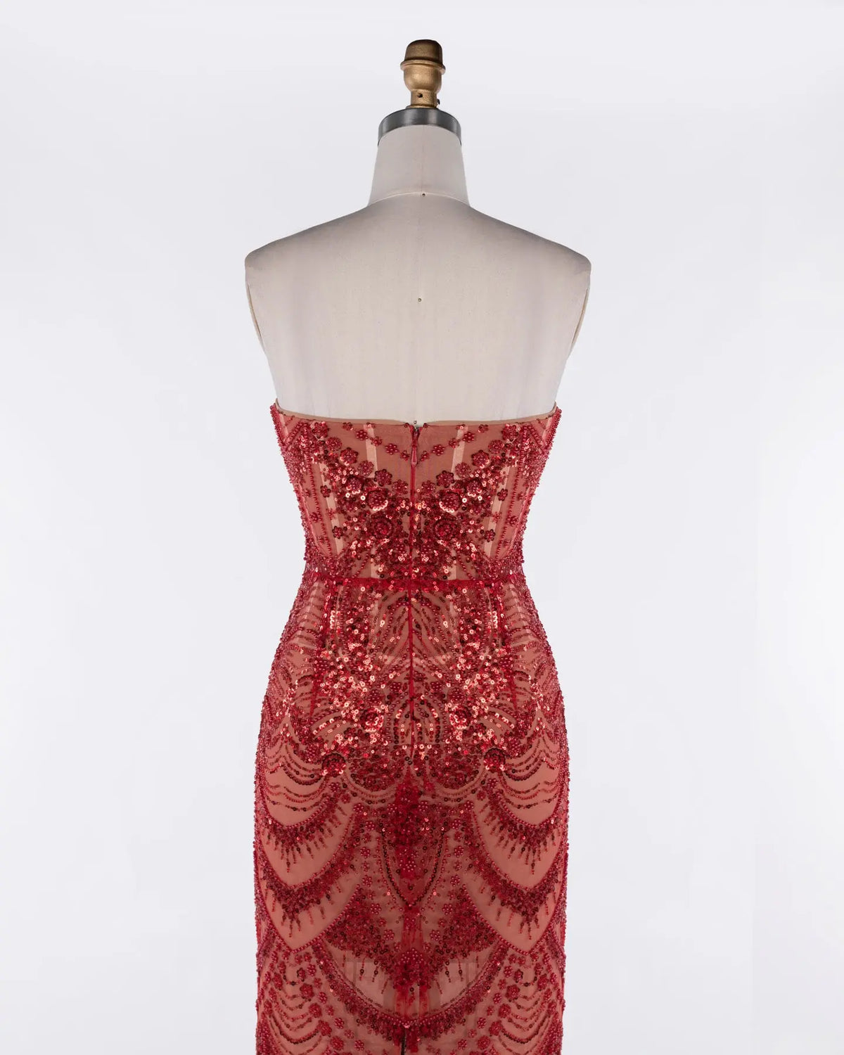 Red Tulle Beaded Strapless Evening Gown Sheer Fairy