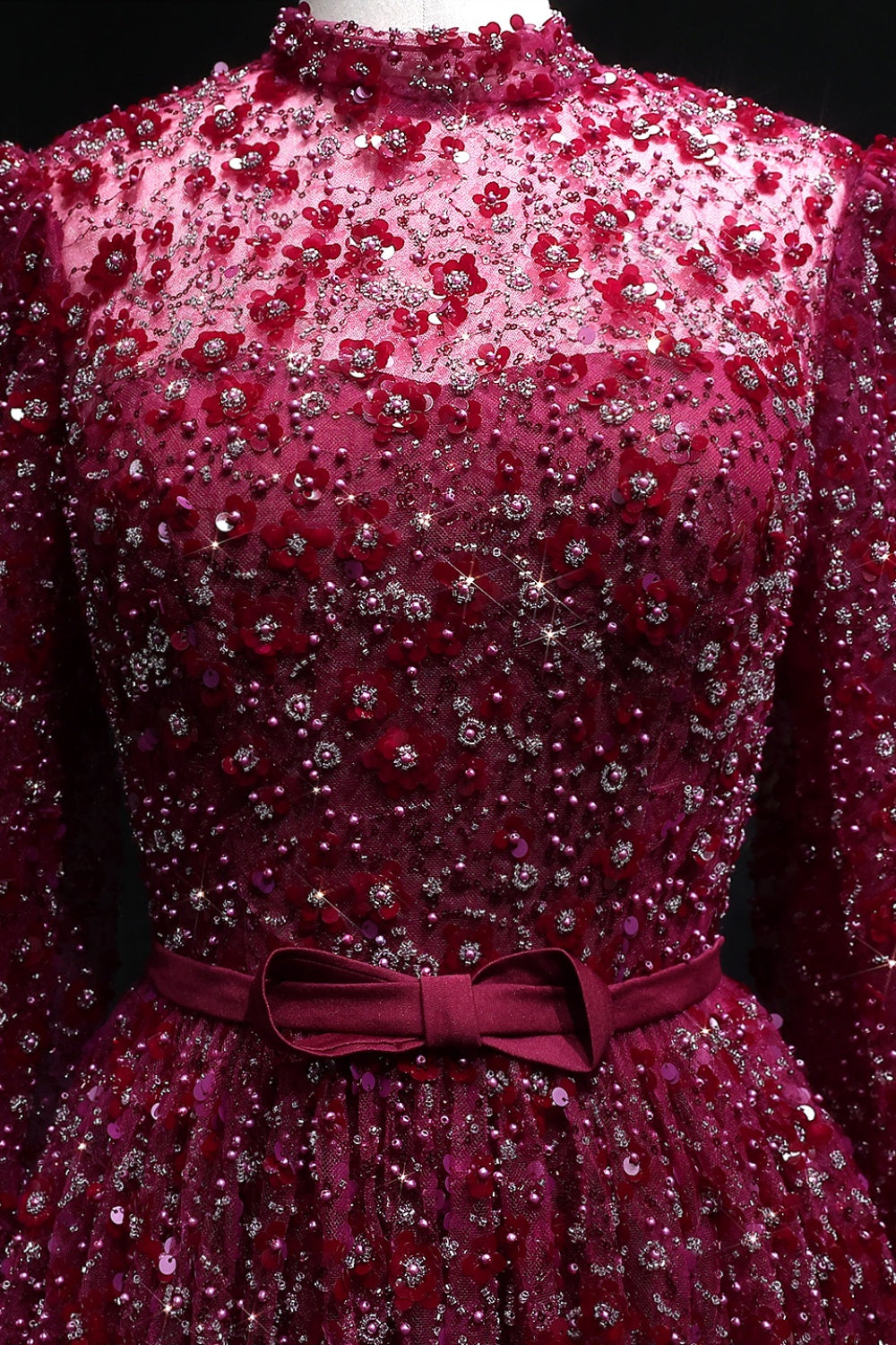 Pink Floral Lace High Neck A-Line Sleeves Evening Dress SS700