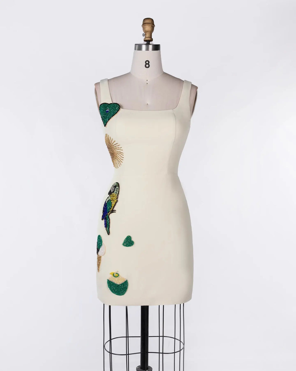 Beige Beaded Applique Square Neck Mini Dress Sheer Fairy