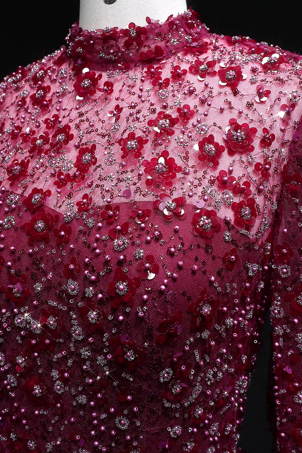 Pink Floral Lace High Neck A-Line Sleeves Evening Dress SS700