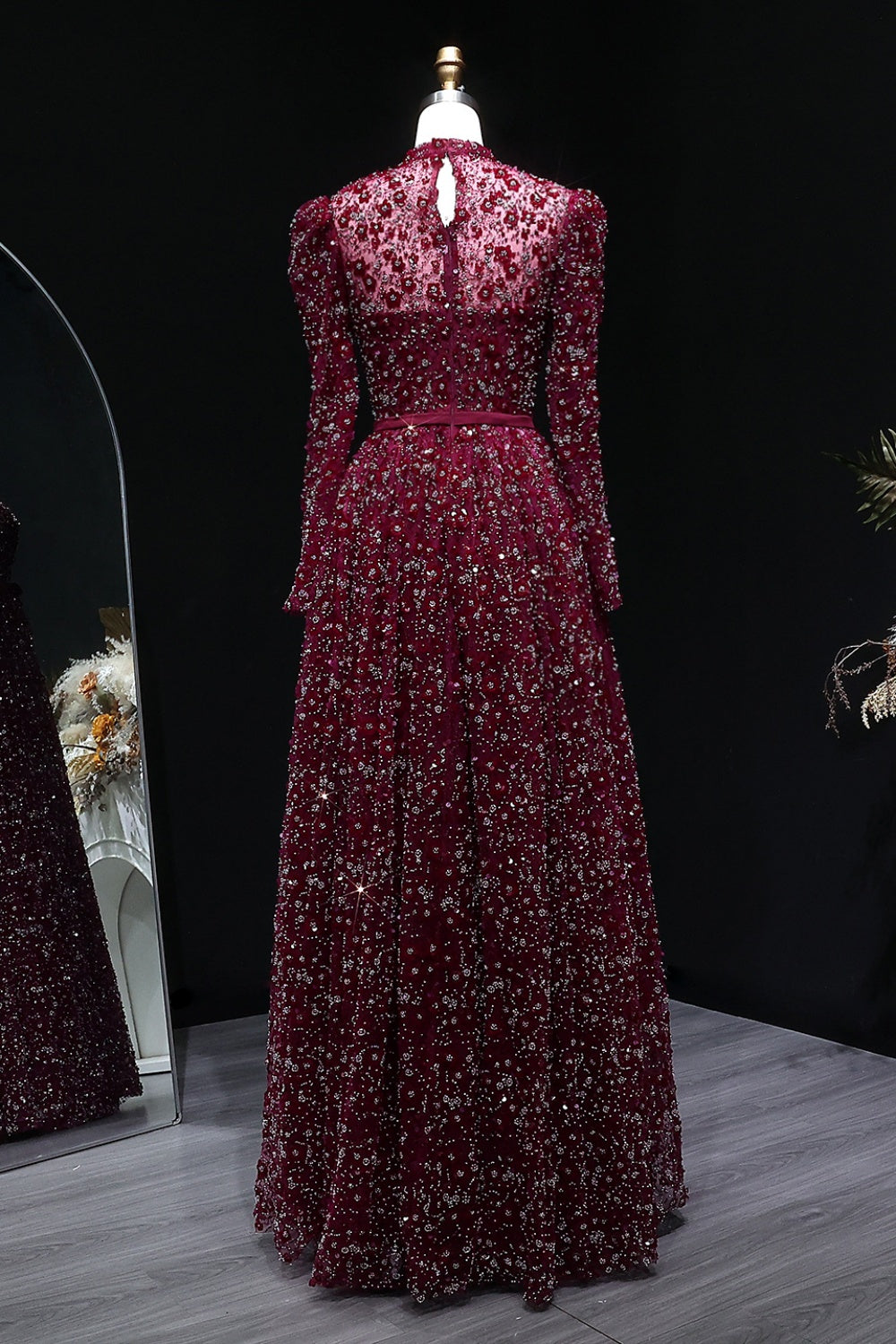 Pink Floral Lace High Neck A-Line Sleeves Evening Dress SS700