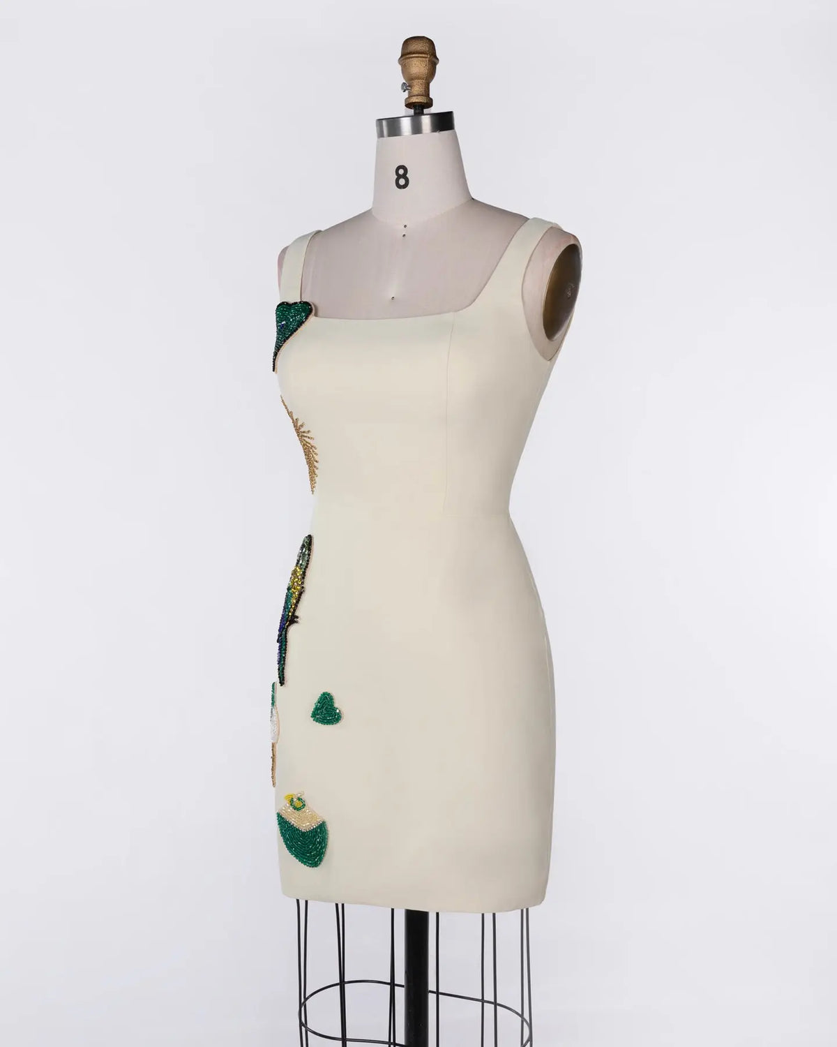 Beige Beaded Applique Square Neck Mini Dress Sheer Fairy