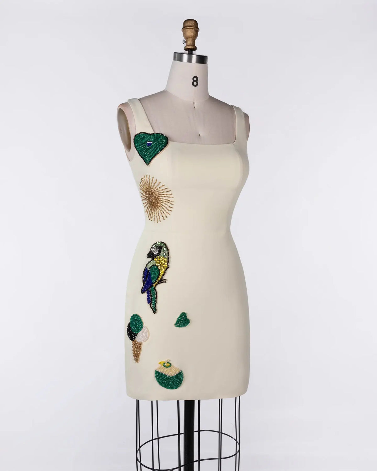 Beige Beaded Applique Square Neck Mini Dress Sheer Fairy